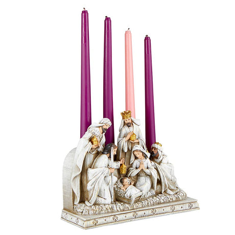 Nativity Advent Candle Holder – Holy Family & Wise Men Scene | Resin | 10" W x 8" H x 3.75" D | Christmas Centerpiece
