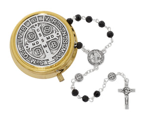 Black Crystal St. Benedict Rosary with Metal Box