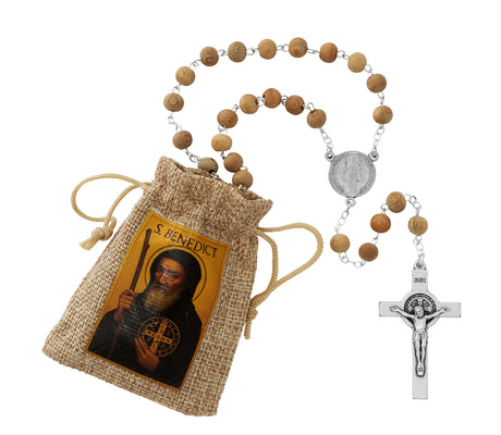 St. Benedict Natural Wood Rosary with Burlap Pouch