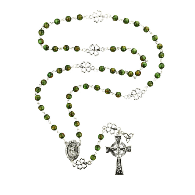 Green Irish Rosary with Shamrock Our Father Beads