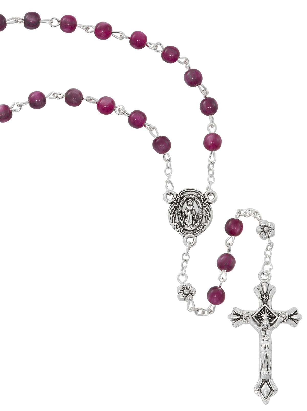 Purple Glass Rosary with Flower Our Father Beads