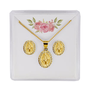 Crystal Miraculous Medal Earring and Pendant Set
