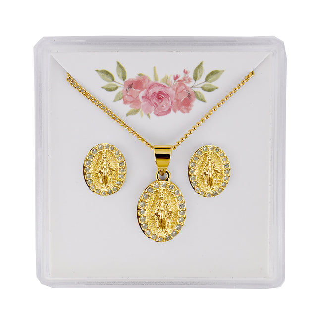 Crystal Miraculous Medal Earring and Pendant Set