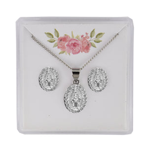 Crystal Miraculous Medal Earring and Pendant Set