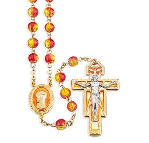 Gold and Red Crackle Bead Rosary, Pewter Crucifix and Center