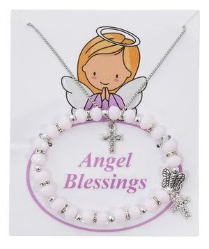 Pink Butterfly Bracelet and Crystal Cross Necklace Set