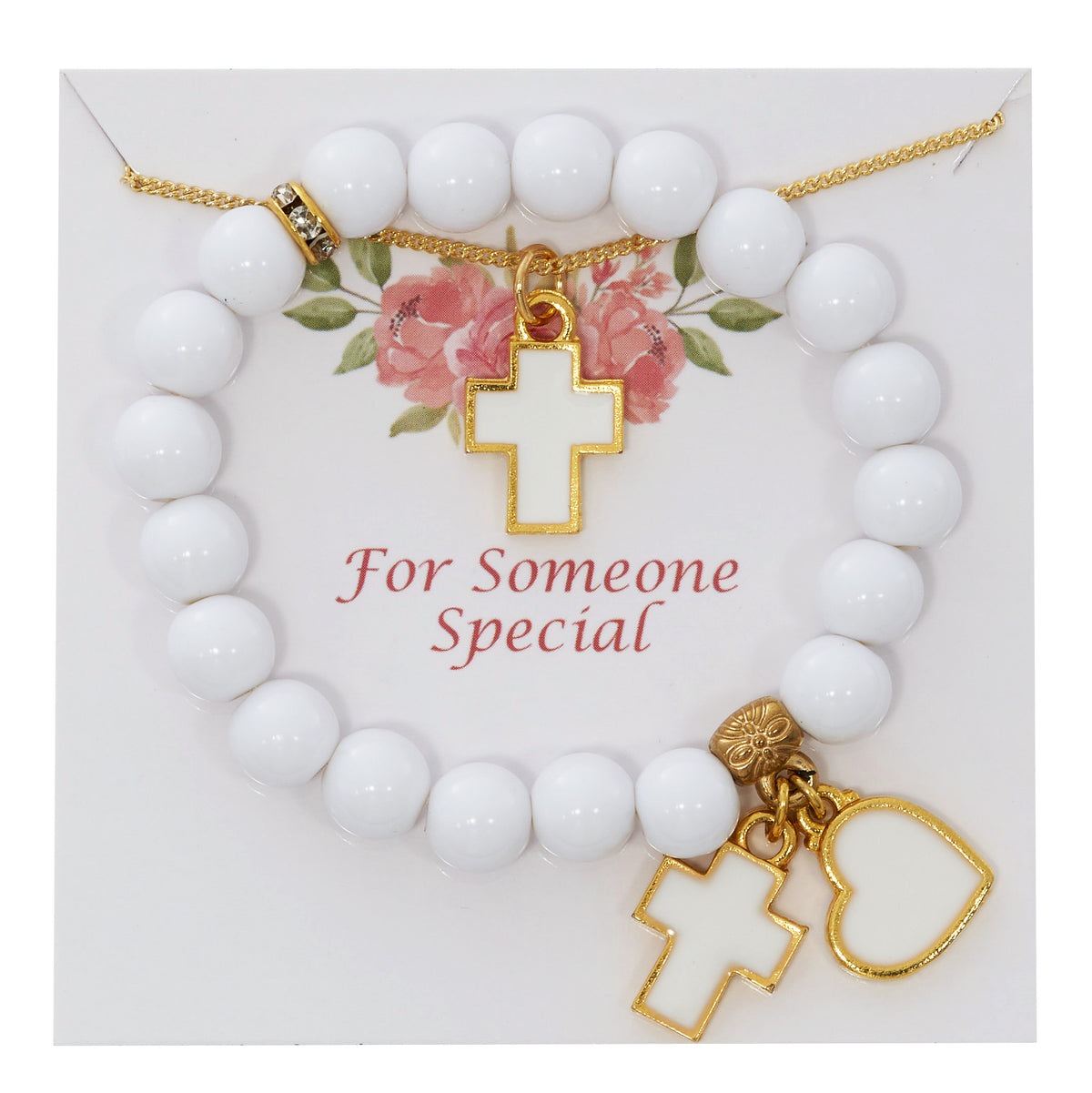 White Bead Stretch Bracelet and Pendant Set