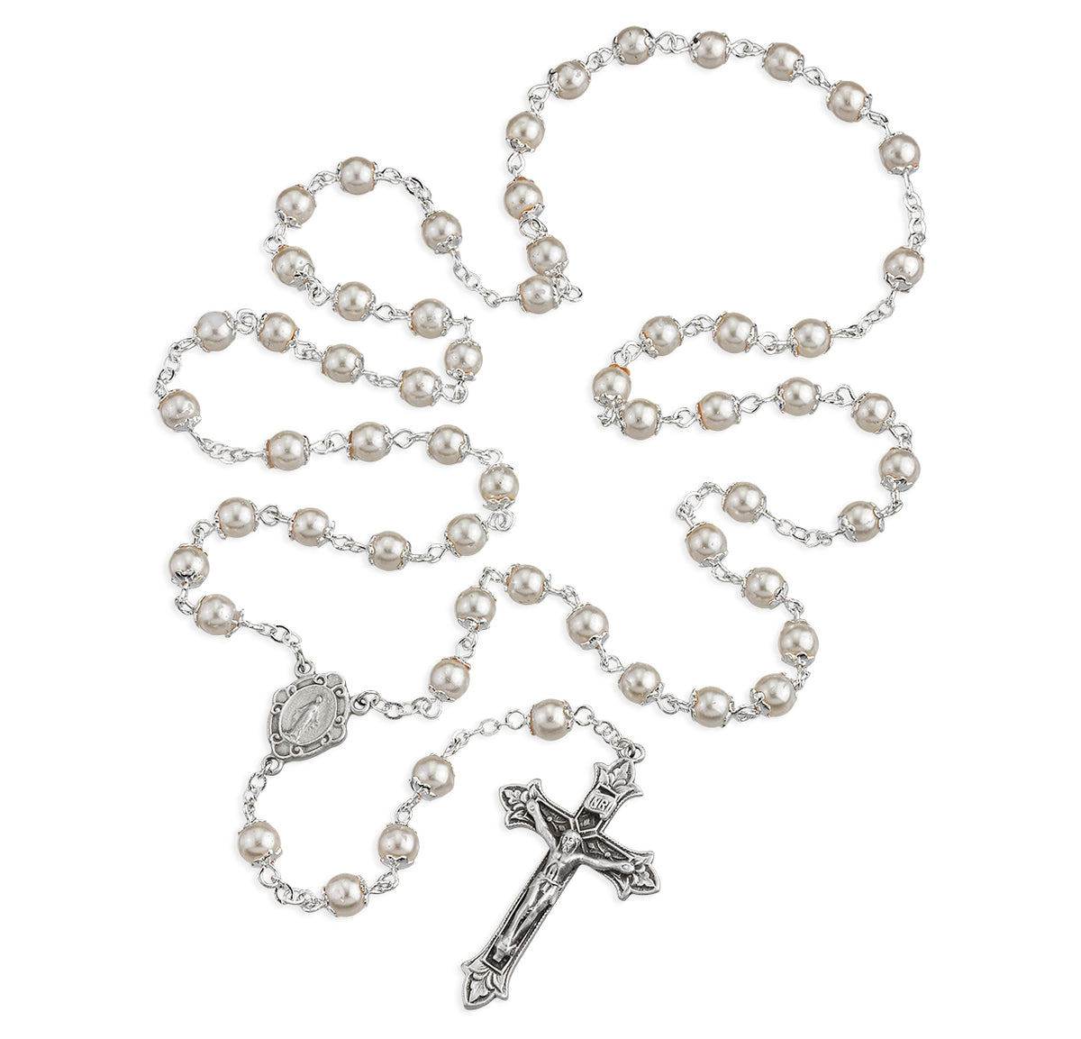 Imitation Pearl Double Capped Rosary, Pewter Crucifix and Center