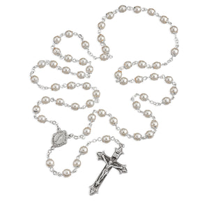 Imitation Pearl Double Capped Rosary, Pewter Crucifix and Center