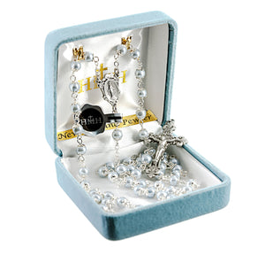 Light Blue Imitation Pearl Double Capped Rosary, Pewter Crucifix and Center
