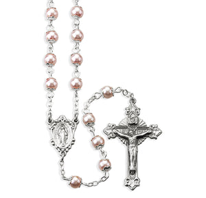 Light Pink Imitation Pearl Double Capped Rosary, Pewter Crucifix and Center