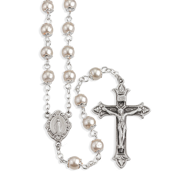 Imitation Pearl Double Capped Rosary, Pewter Crucifix and Center