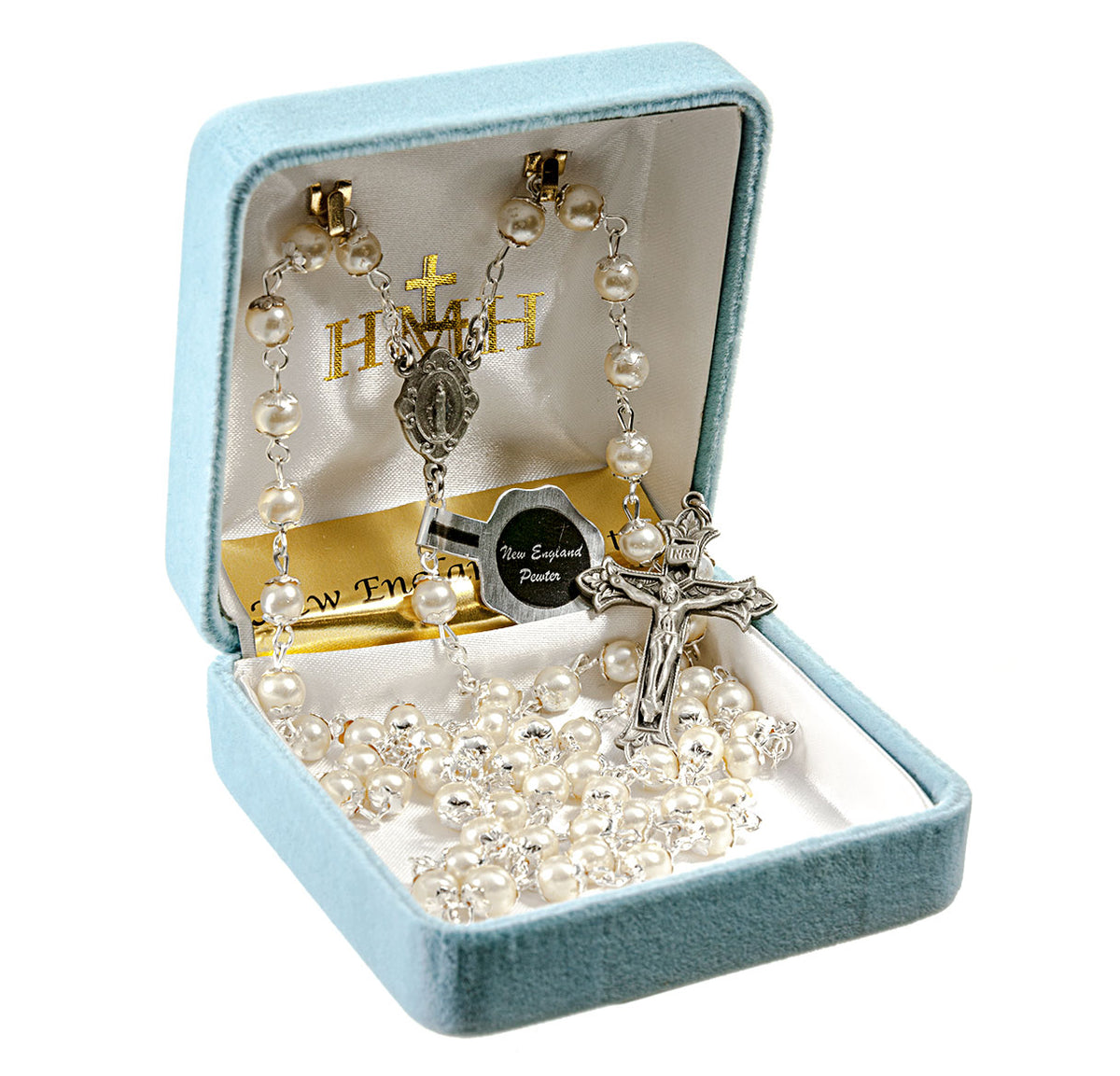 Imitation Pearl Double Capped Rosary, Pewter Crucifix and Center