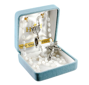 White Imitation Mother of Pearl Rosary, Pewter Crucifix and Center