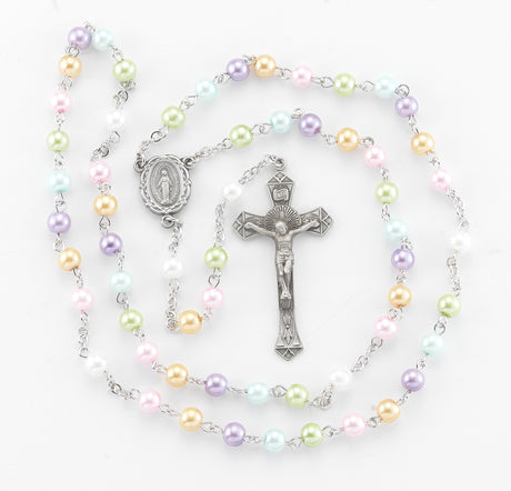 6mm Pearlized Multi-Color Bead Rosary, Pewter Crucifix and Center