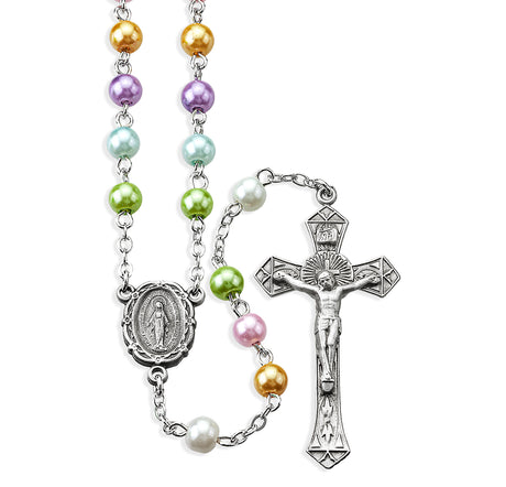 6mm Pearlized Multi-Color Bead Rosary, Pewter Crucifix and Center