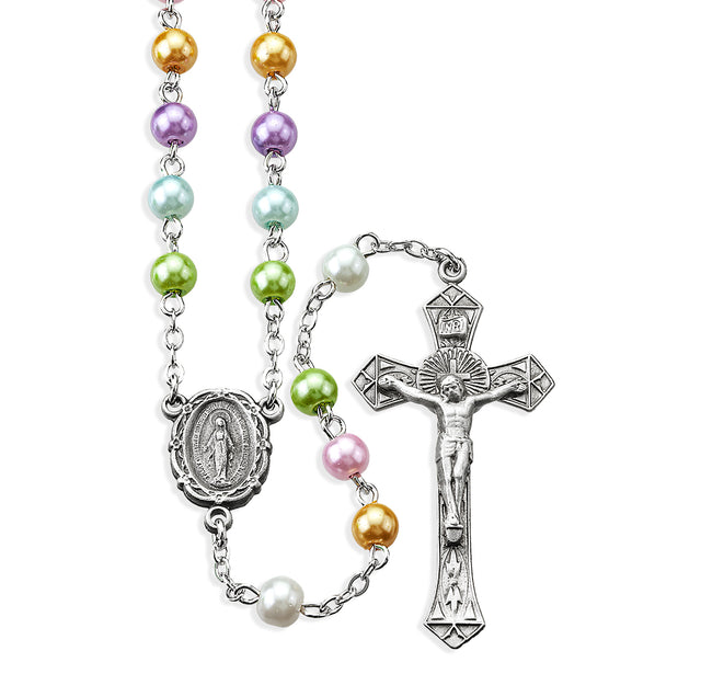 6mm Pearlized Multi-Color Bead Rosary, Pewter Crucifix and Center