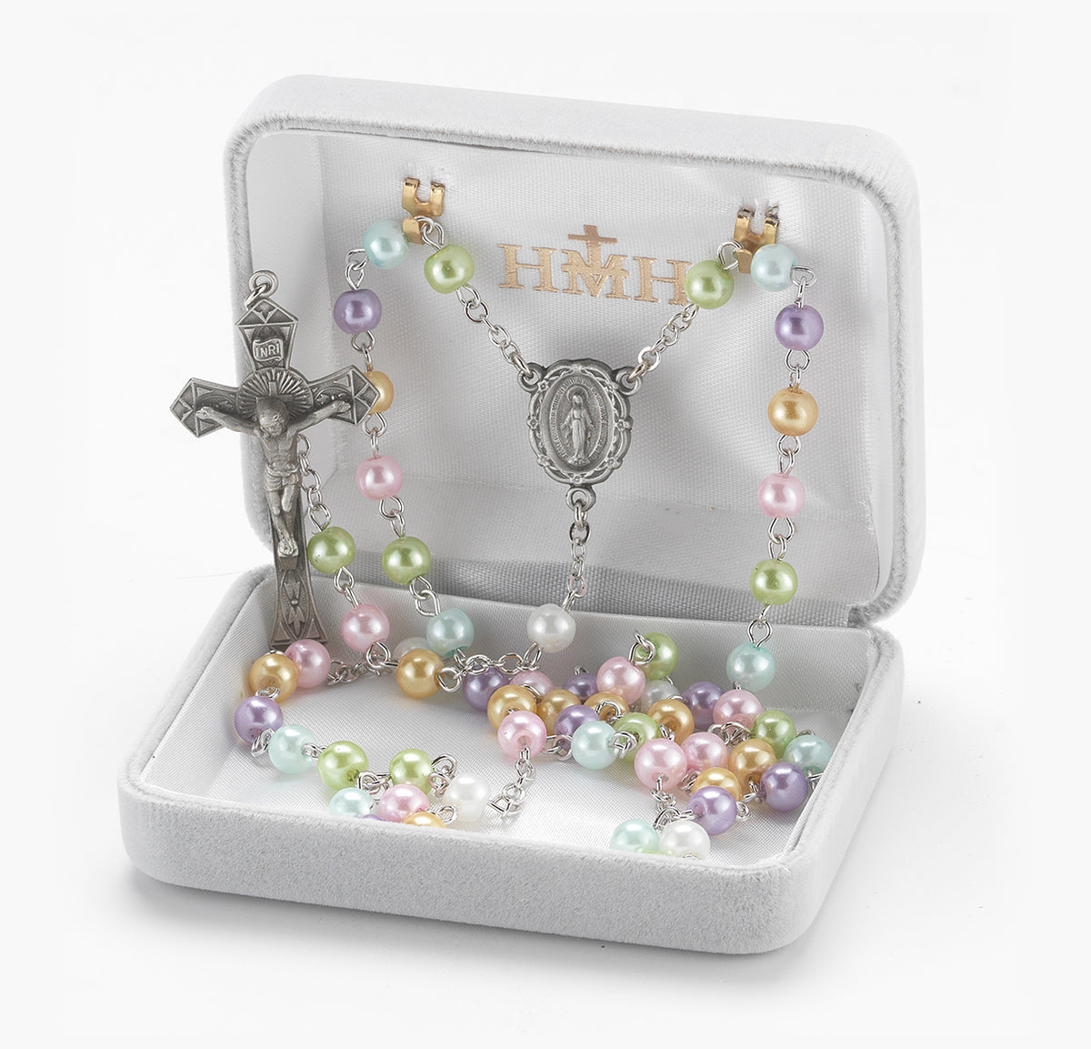 6mm Pearlized Multi-Color Bead Rosary, Pewter Crucifix and Center