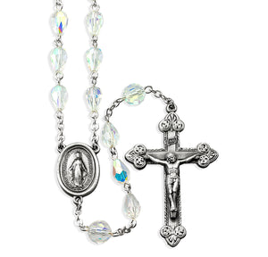 6 x 9mm Aurora Tear Shape Crystal Bead Rosary, Pewter Crucifix and Center