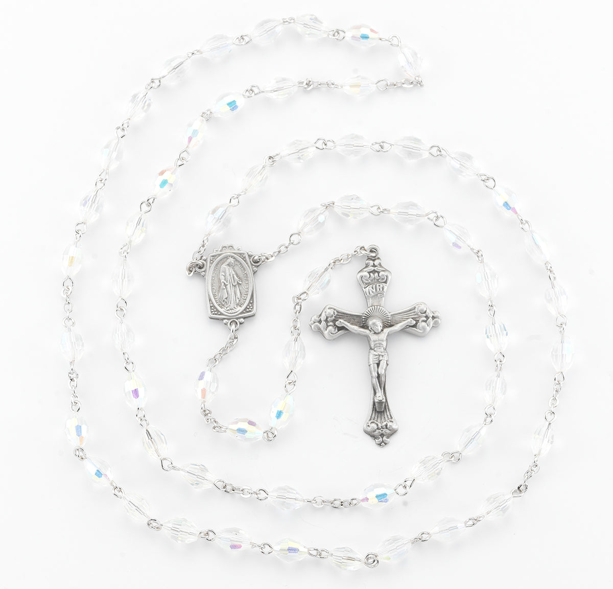 6x9mm Crystal Aurora Faceted Oval Glass Bead Rosary, Pewter Crucifix and Center