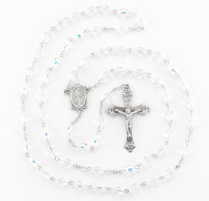 6x9mm Crystal Aurora Faceted Oval Glass Bead Rosary, Pewter Crucifix and Center