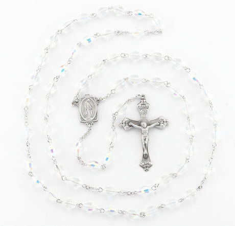 6x9mm Crystal Aurora Faceted Oval Glass Bead Rosary, Pewter Crucifix and Center