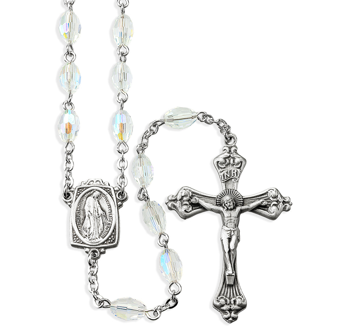 6x9mm Crystal Aurora Faceted Oval Glass Bead Rosary, Pewter Crucifix and Center