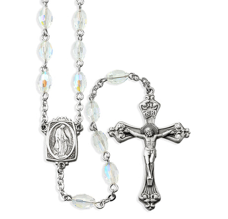 6x9mm Crystal Aurora Faceted Oval Glass Bead Rosary, Pewter Crucifix and Center