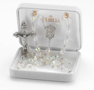 6x9mm Crystal Aurora Faceted Oval Glass Bead Rosary, Pewter Crucifix and Center