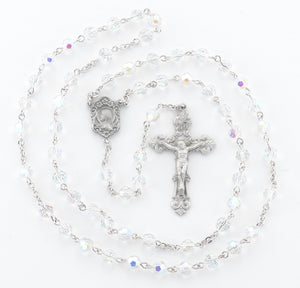 6mm Tin Cut Crystal Aurora Borealis Bead Rosary, Pewter Crucifix and Center