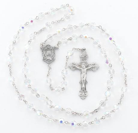 6mm Tin Cut Crystal Aurora Borealis Bead Rosary, Pewter Crucifix and Center