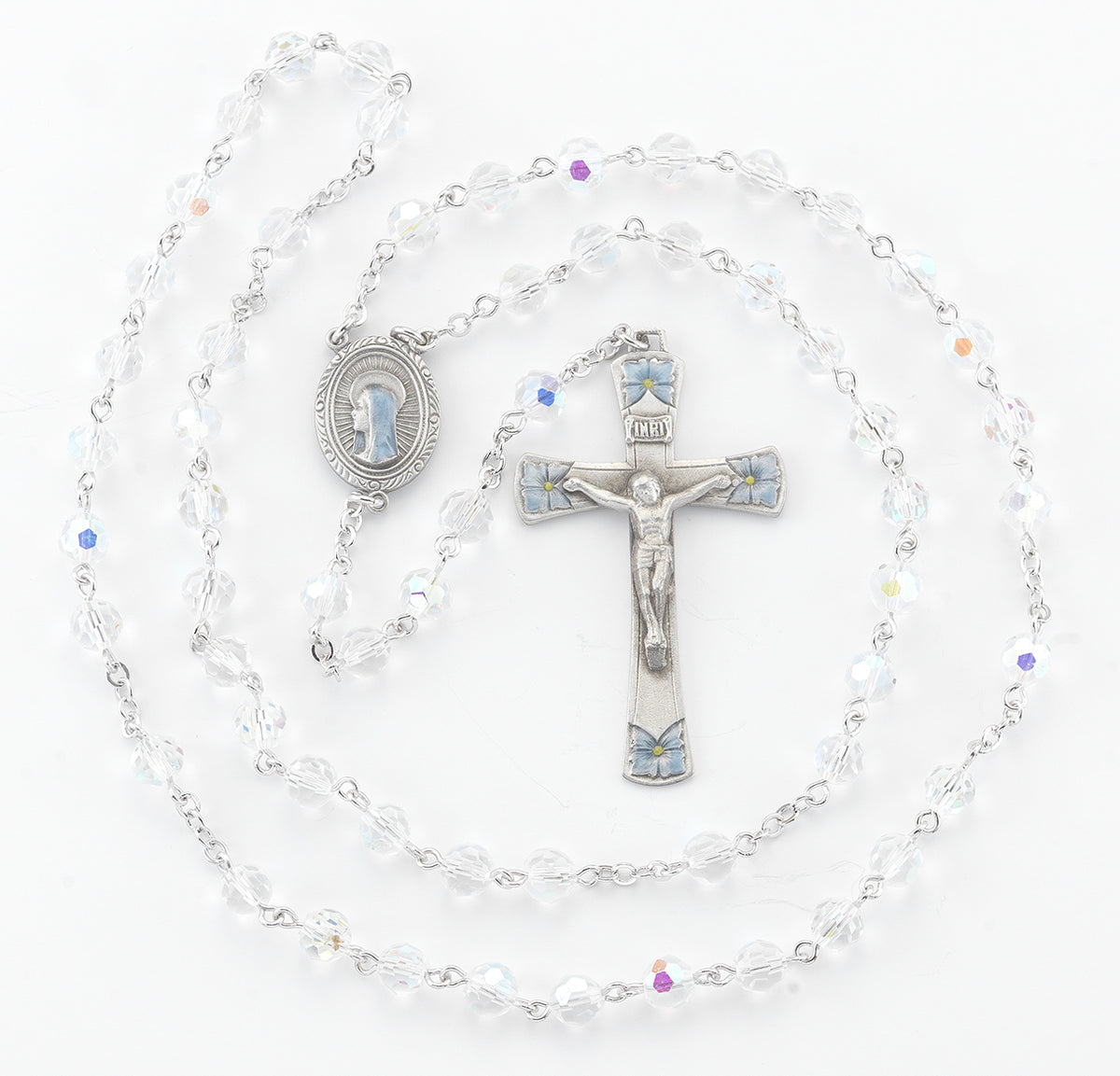 6mm Crystal Bead Rosary with Blue Enameled Pewter Crucifix and Center