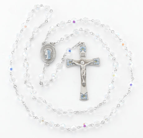 6mm Crystal Bead Rosary with Blue Enameled Pewter Crucifix and Center