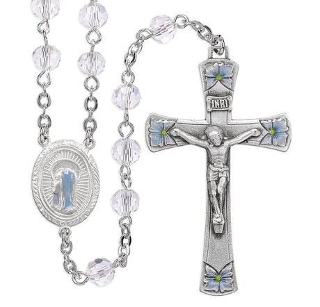 6mm Crystal Bead Rosary with Blue Enameled Pewter Crucifix and Center