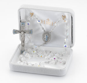 6mm Crystal Bead Rosary with Blue Enameled Pewter Crucifix and Center