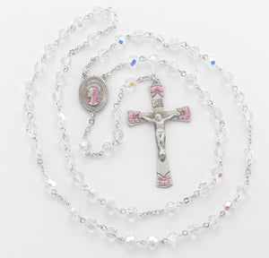6mm Crystal Bead Rosary with Pink Enameled Pewter Crucifix and Center