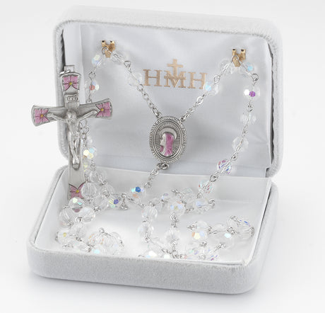 6mm Crystal Bead Rosary with Pink Enameled Pewter Crucifix and Center