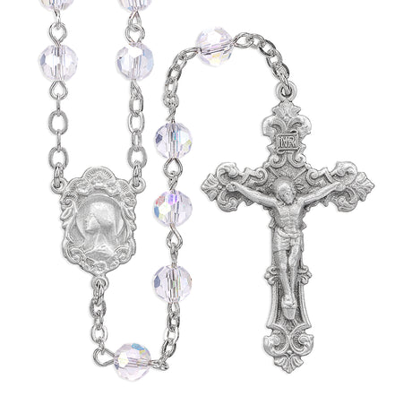 6mm Tin Cut Crystal Aurora Borealis Bead Rosary, Pewter Crucifix and Center