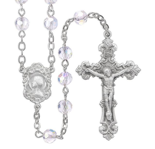 6mm Tin Cut Crystal Aurora Borealis Bead Rosary, Pewter Crucifix and Center