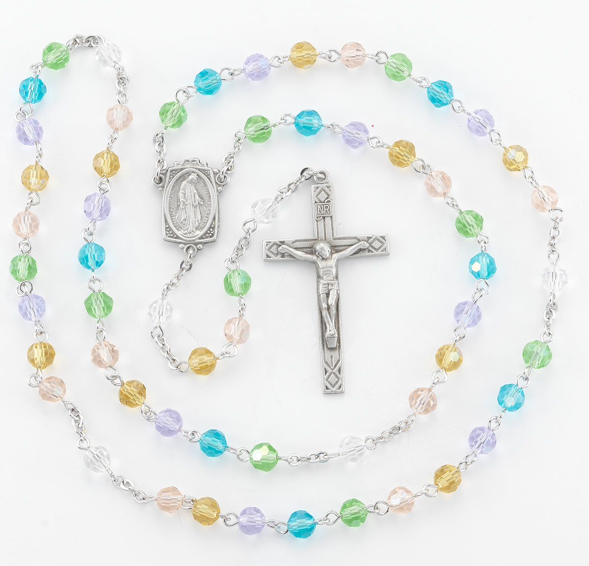 6mm Multi-Color Crystal Bead Rosary, Pewter Crucifix and Center