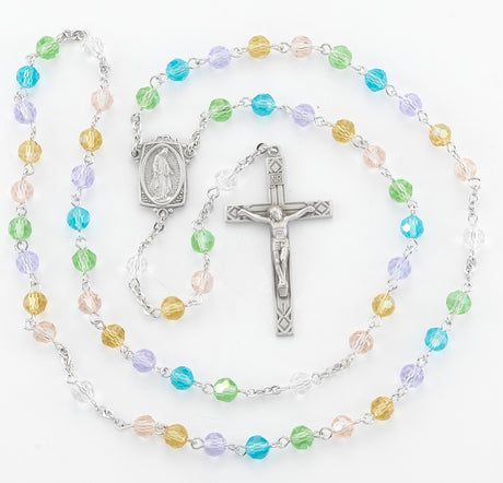 6mm Multi-Color Crystal Bead Rosary, Pewter Crucifix and Center