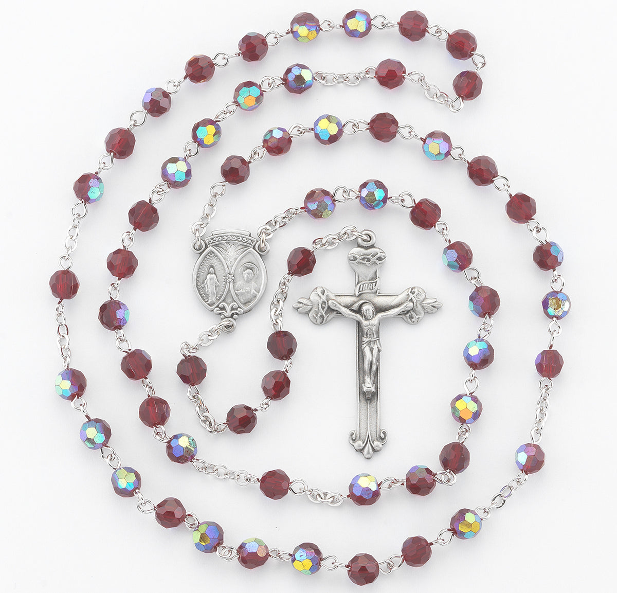 6mm Ruby Glass Faceted Bead Rosary, Pewter Crucifix and Center