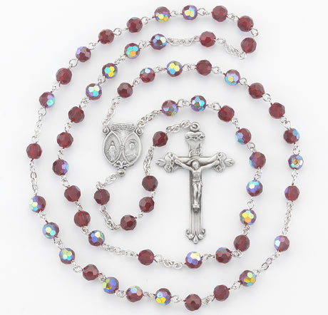 6mm Ruby Glass Faceted Bead Rosary, Pewter Crucifix and Center