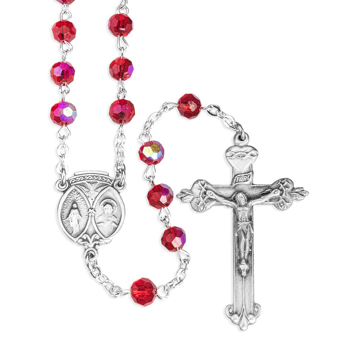 6mm Ruby Glass Faceted Bead Rosary, Pewter Crucifix and Center