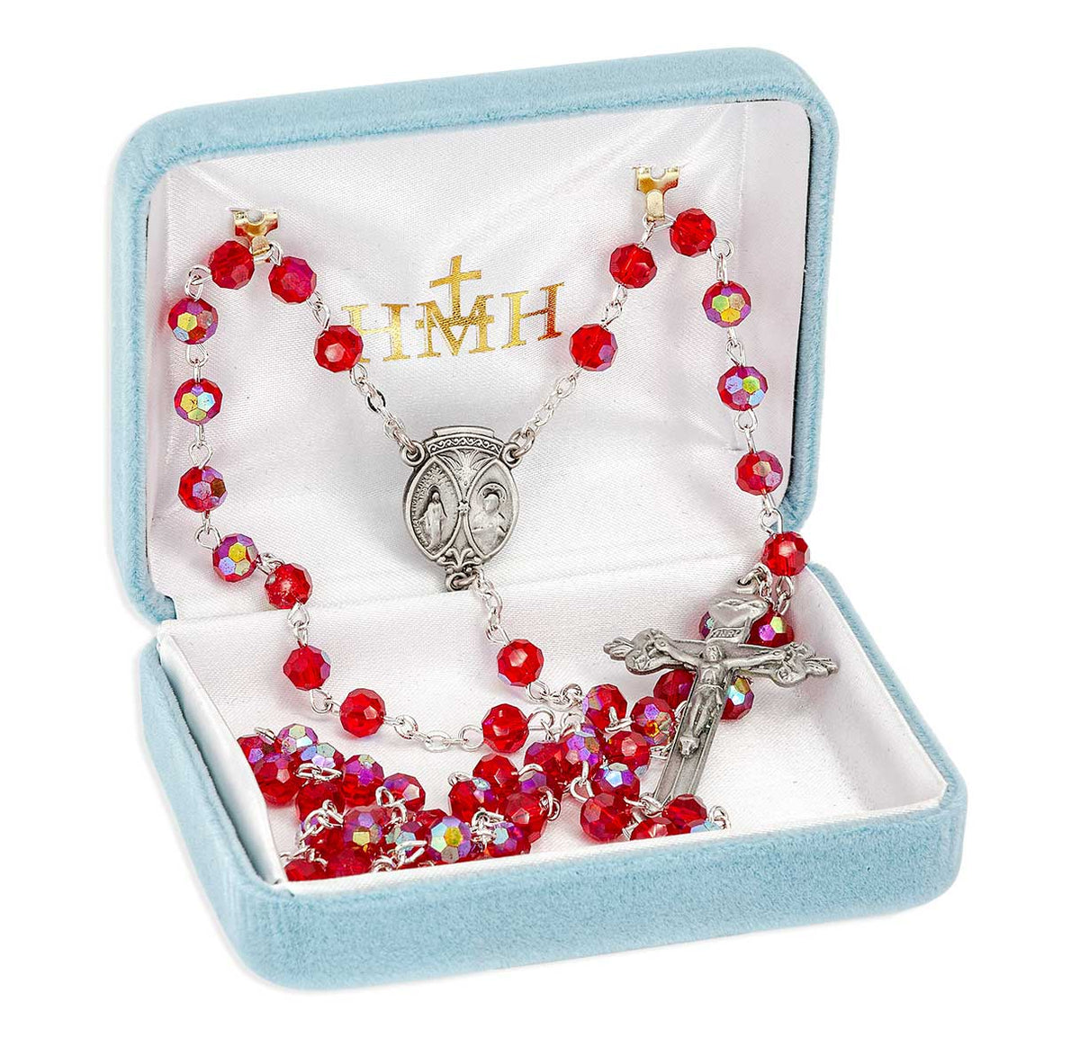6mm Ruby Glass Faceted Bead Rosary, Pewter Crucifix and Center