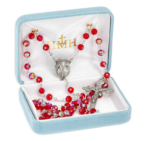 6mm Ruby Glass Faceted Bead Rosary, Pewter Crucifix and Center