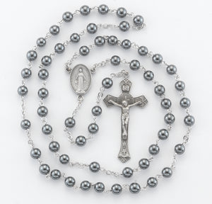 6mm Hematite Bead Rosary, Pewter Crucifix and Center