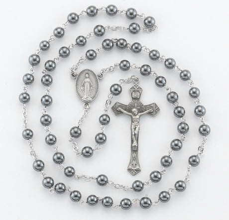 6mm Hematite Bead Rosary, Pewter Crucifix and Center