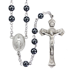 6mm Hematite Bead Rosary, Pewter Crucifix and Center