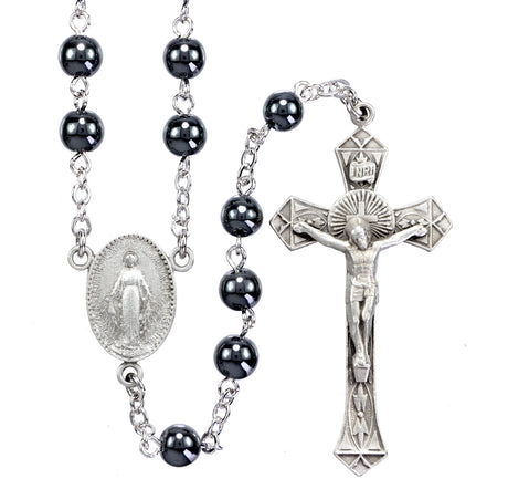 6mm Hematite Bead Rosary, Pewter Crucifix and Center